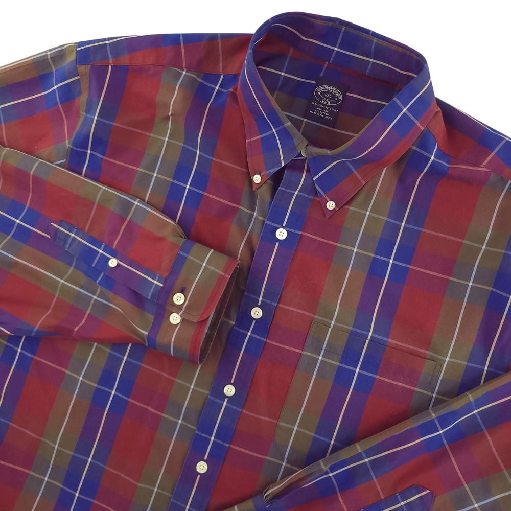 Brooks Brothers Shirt Mens 2XL Multicolor Plaid Long Sleeve Button Down Non Iron